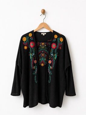 Umgee Black Open-Front Cardigan with Multicolor Floral Embroidery